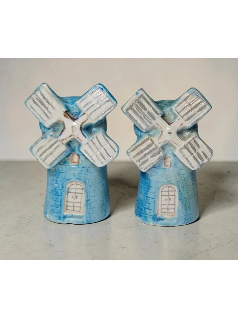 Vintage MCM Painted Porcelain Windmill Salt & Pepper Shakers Japan Blue